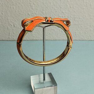 RIBBON BOW Enamel Shape Hinged Bangle Bracelet Vibrant Orange Gold Tone Fashion